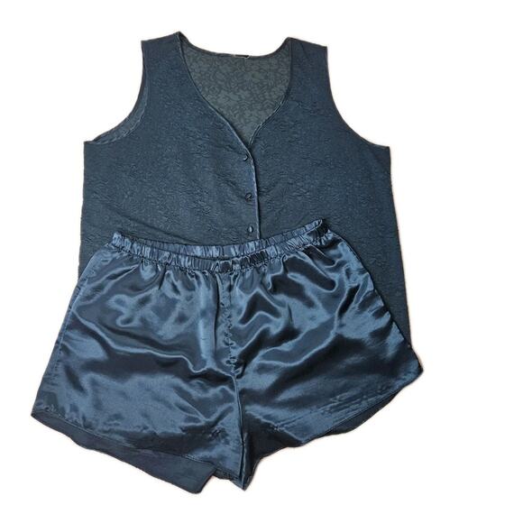Honors Women's Plus Vintage Satin Pajama Matched Set 1X Blue Lounge 90s Pjs - Picture 1 of 7